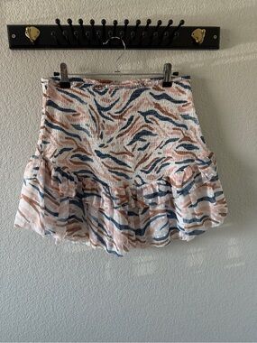 SAYLOR Abstract Wave Smocked Ruffle Mini Skirt in Navy, Pink & Tan